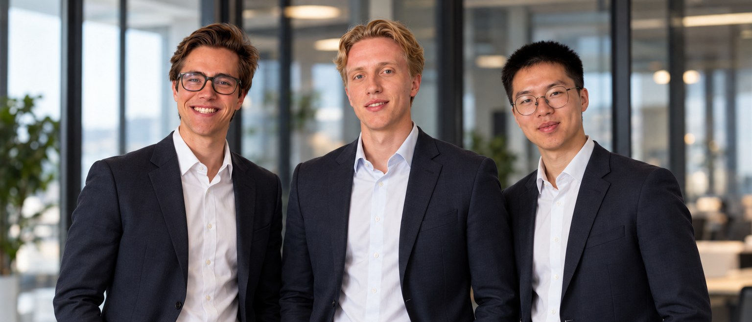 Die drei Gründer von NextEra Consulting nebeneinander im Büro.
